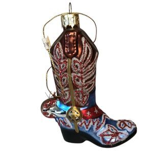 Cowboy Boot Christmas Ornament Blown Glass Brown Blue Red White Western 4x3